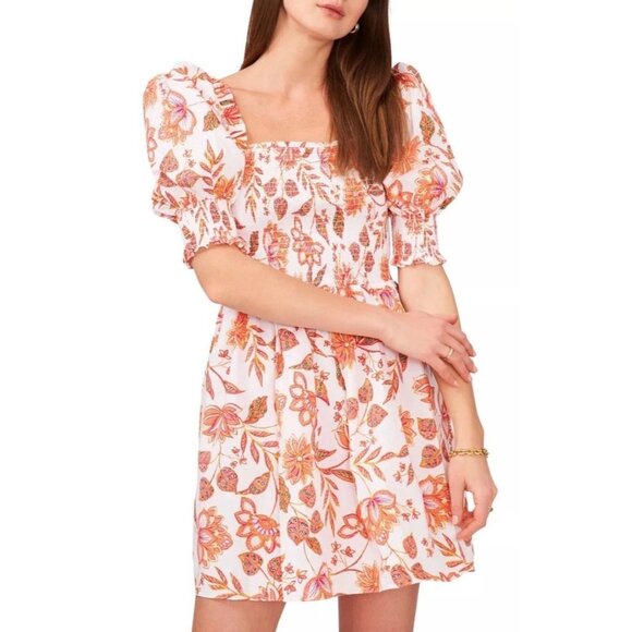 1. State Dresses & Skirts - 1.STATE REVOLVE Puff Sleeve‎ Smocked Mini Dress Fiesta Floral Batik Orange L
